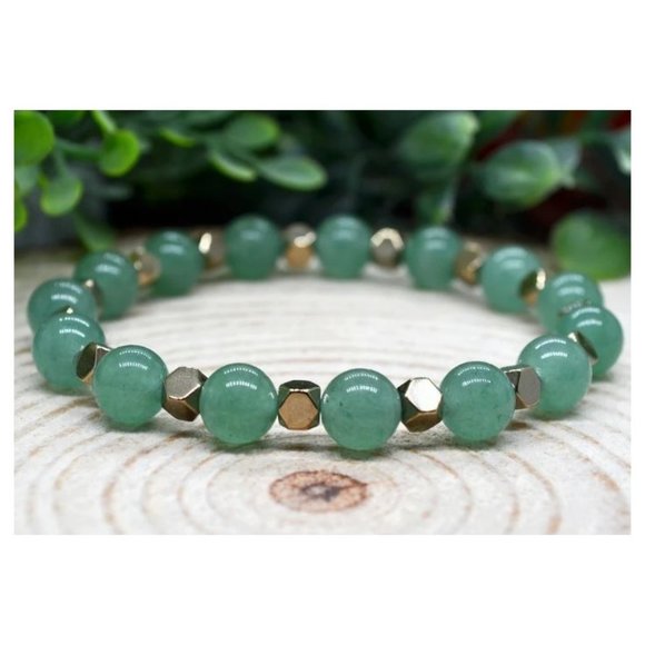 10mm Polished Green Jade with Gold Hematite Spacer Beaded Stretch Bracelet - Picture 2 of 7